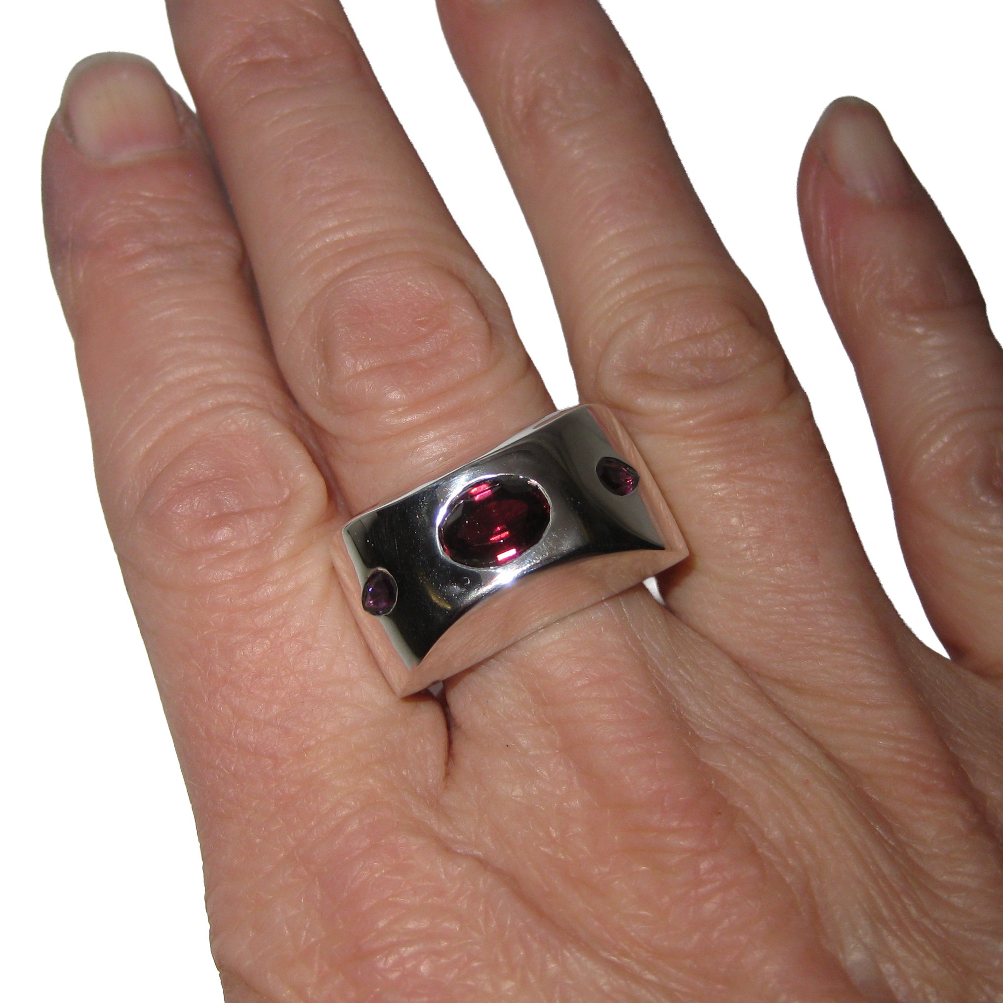garnet heart ring front view on hand