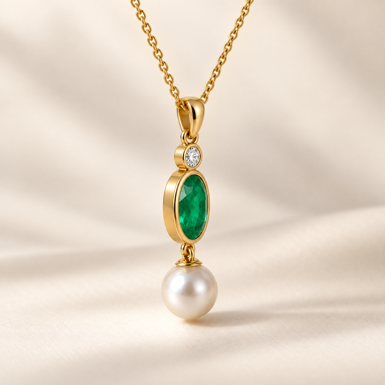 A slight turn reveals the depth of the emerald setting and the movement of the pearl drop.